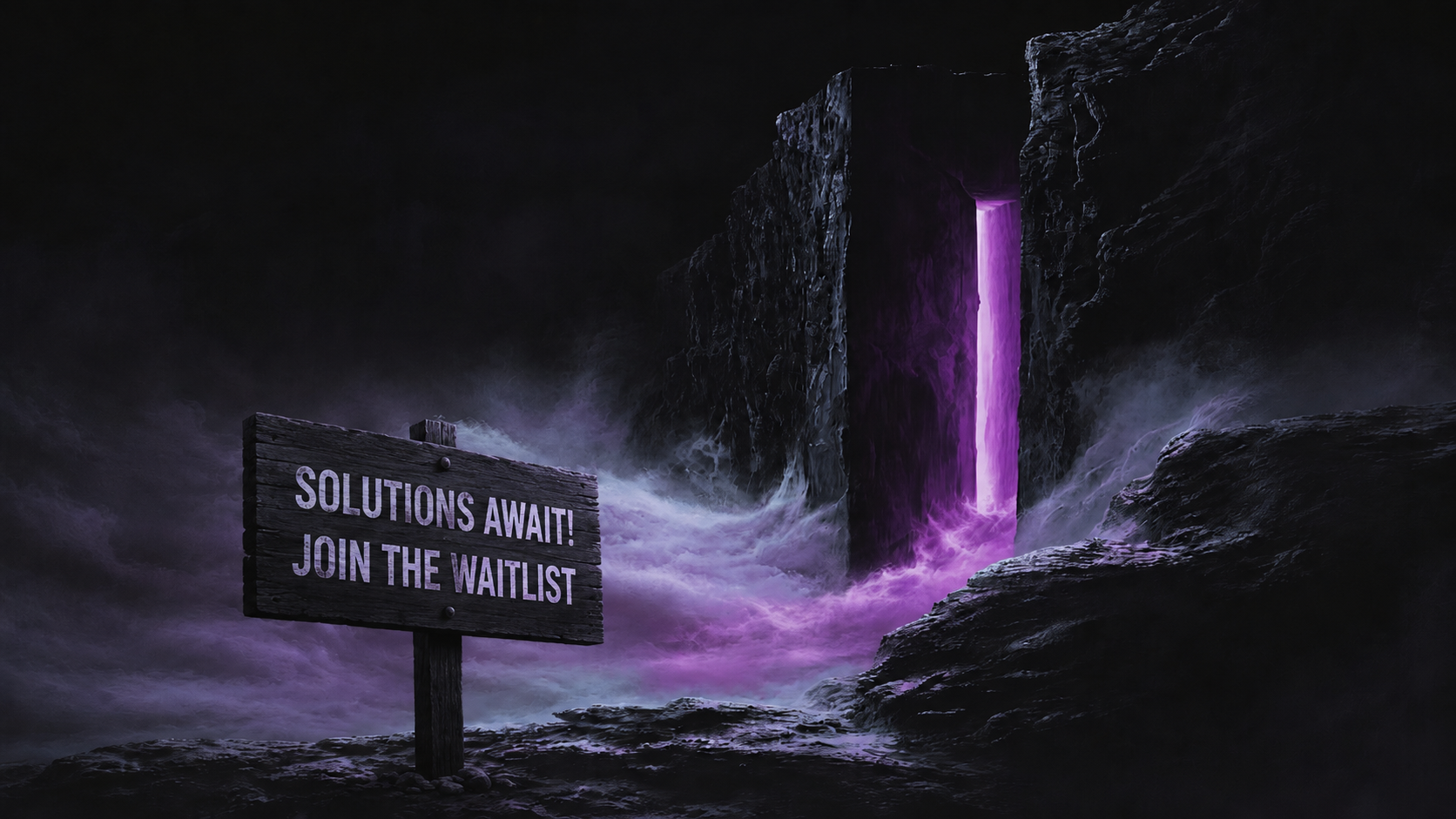 A violet-lit passage through a dark stone landscape beside a sign reading: Solutions await! Join the waitlist.